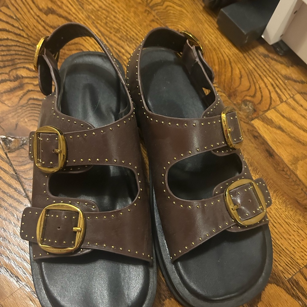 Zara Brown Sandals with Gold Buckles